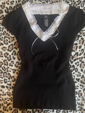 ♡ Black Tee With White Lace Trim Coquette